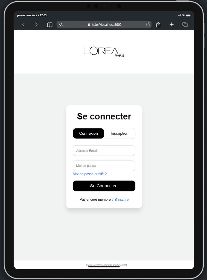 représente une page de connexion avec des champs email et mot de passe.