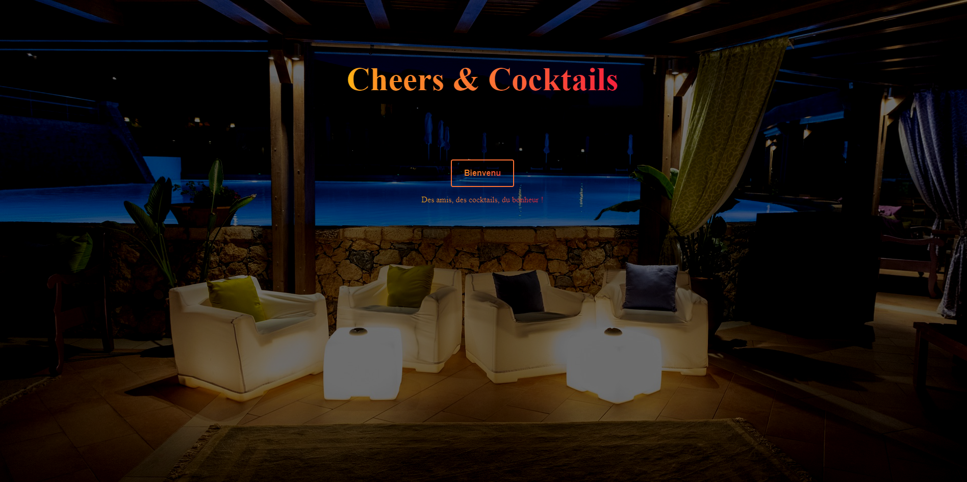 Represente un bar d'hotel avec une ambiance chaleureuse ainsi que le nom du site et un bouton bienvenue.