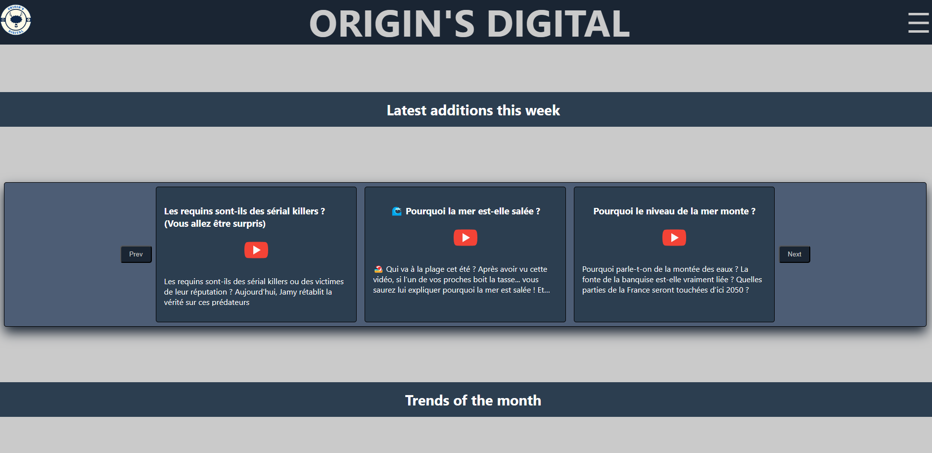 page d'acceuil du site origin's digital